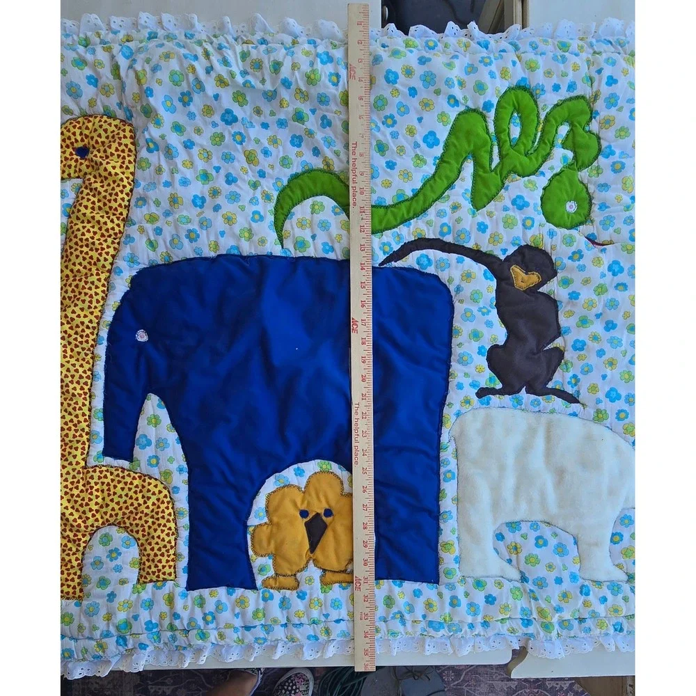 VTG Jungle Animal Quilted baby blanket decor Eyelet Lace Nursery Zoo handmade